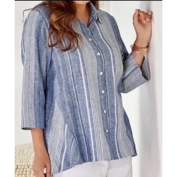 Soft Surroundings Linen Blend Striped Collared Blouse Womens Size XL Blue White - Picture 1 of 8